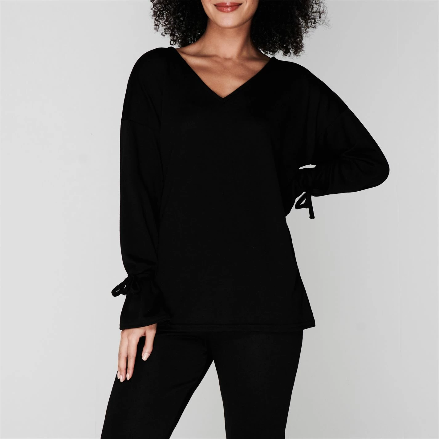 Linea Brushed V Neck Loungewear Jumper With Tie Sleeves - Image 2